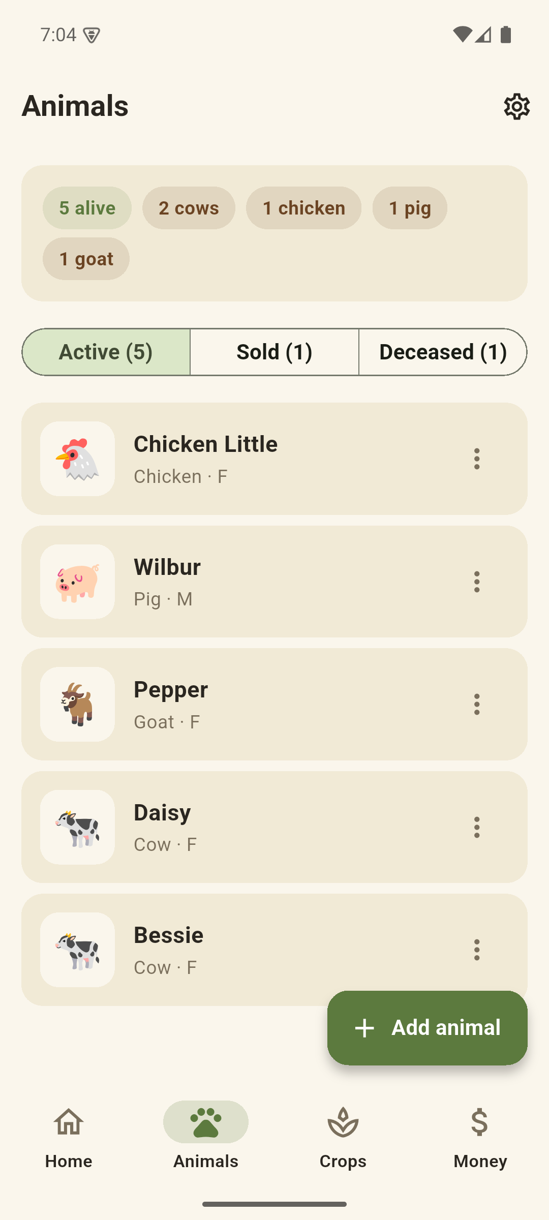 FarmTally animals list with cows, goats and a pig