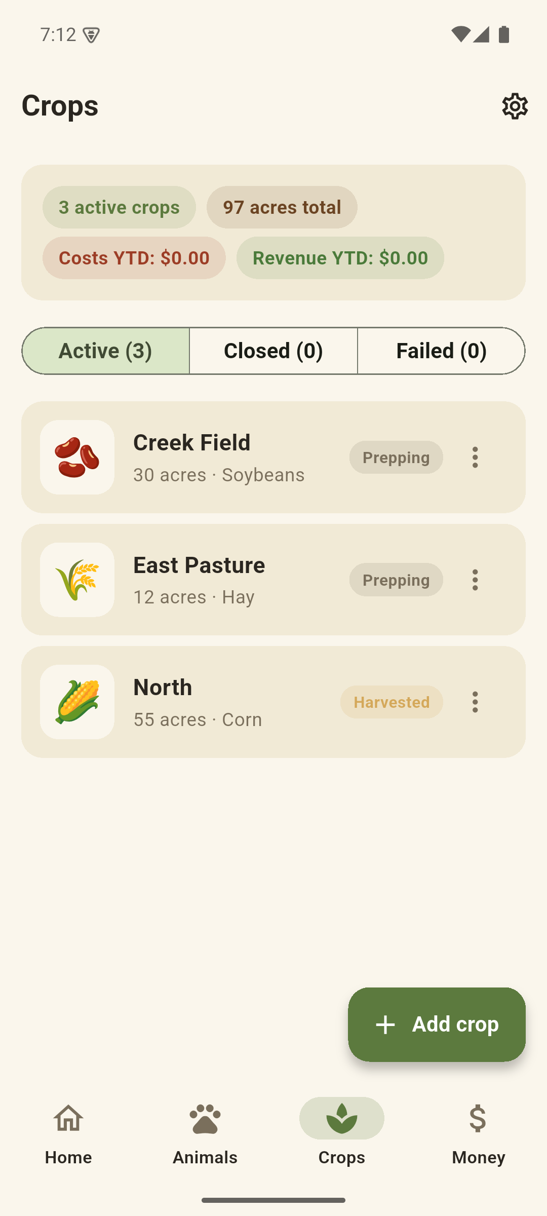 FarmTally crops list with acreage and status