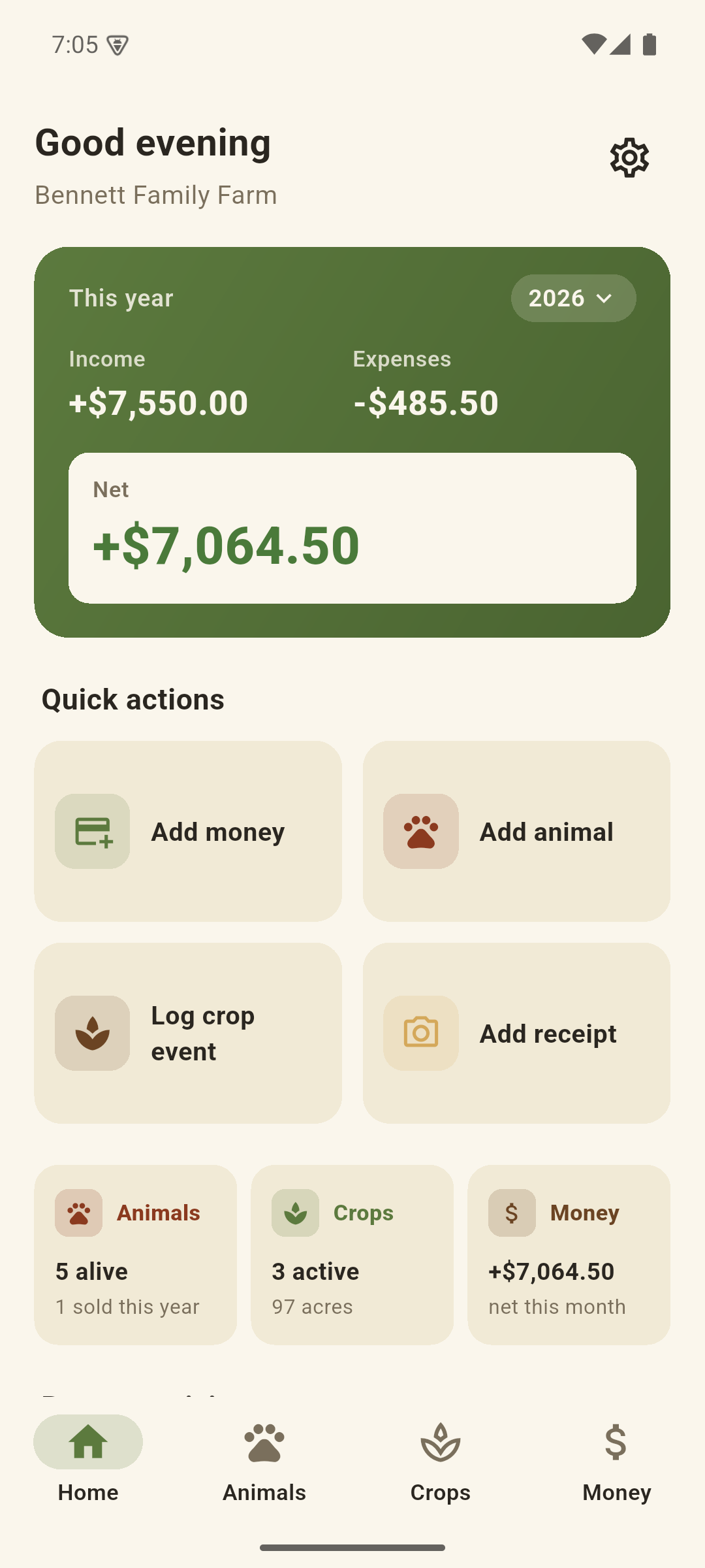 The FarmTally dashboard on a phone, showing this year's income, expenses and net