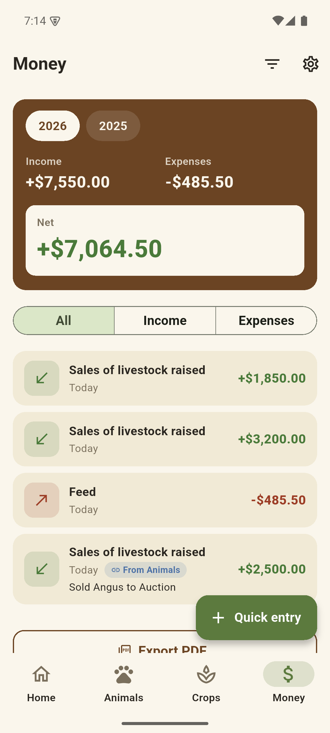 FarmTally money screen showing income, expenses and net